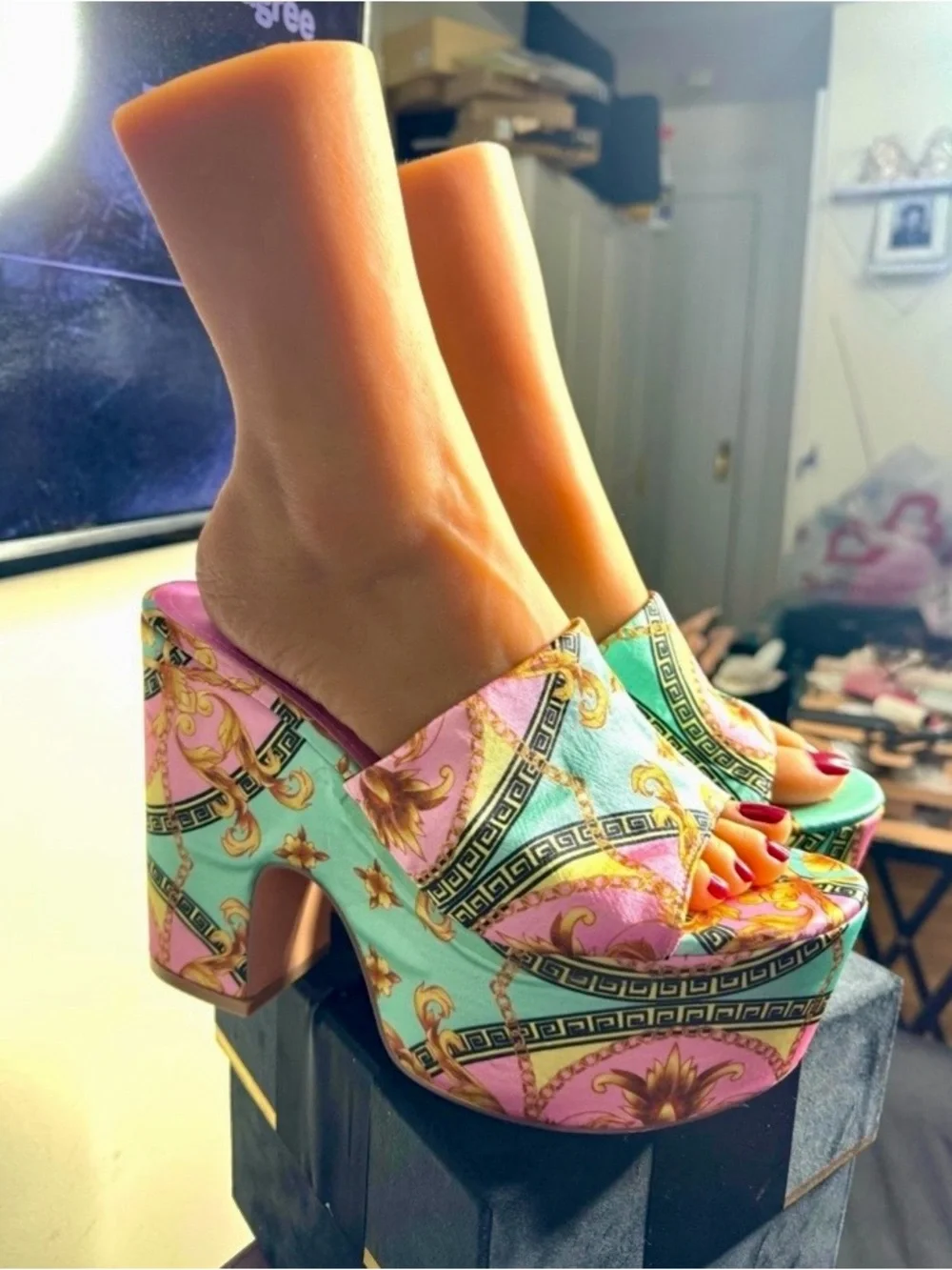 Fashion Nova Platform Heels - Pink & Aqua Baroque Print - Size 10 - Like New!